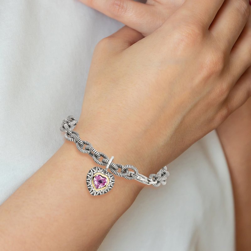 Sterling Silver with 14K Accent 7.5 Inch Antiqued Heart Bezel Created Pink Sapphire Heart Charm Bracelet
