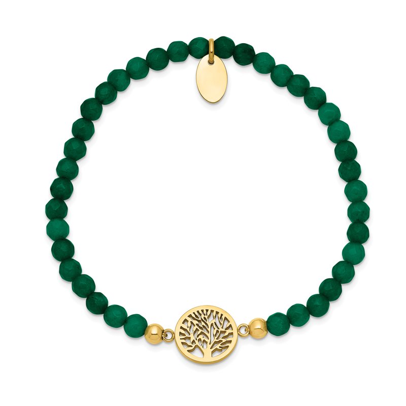 Stainless Steel Polished Yellow IP-plated Tree of Life 4mm Green Jade Beaded Stretch Bracelet