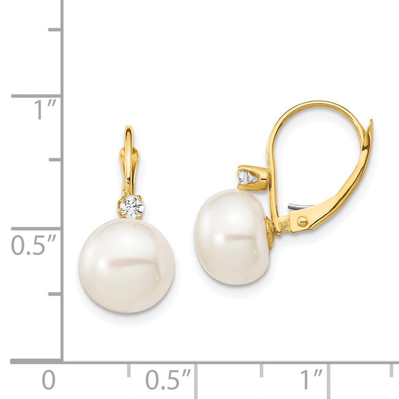 14k 10-11mm White Button Freshwater Cultured Pearl and .10 Carat Diamond Leverback Earrings
