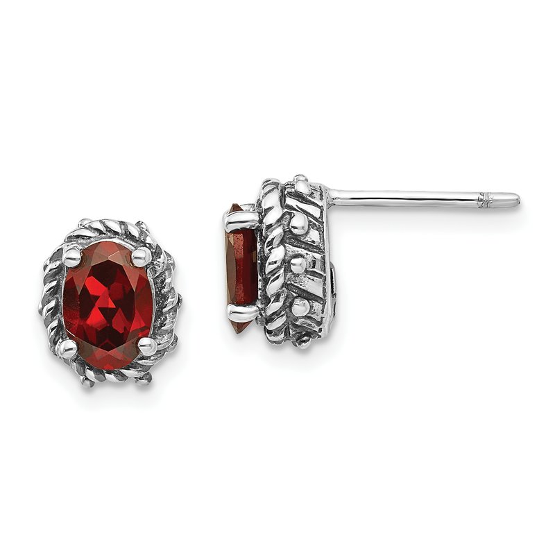 Sterling Silver Antiqued Oval Garnet Post Earrings