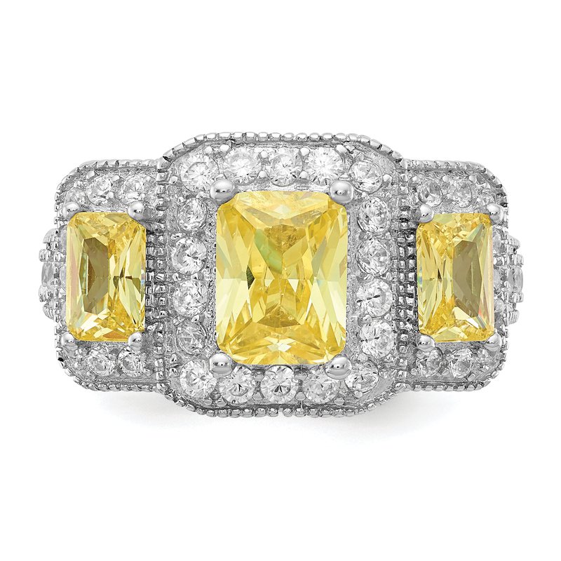 Sterling Silver Rhodium-plated Yellow Radiant-cut and White Brilliant-cut CZ 3 Stone Ring