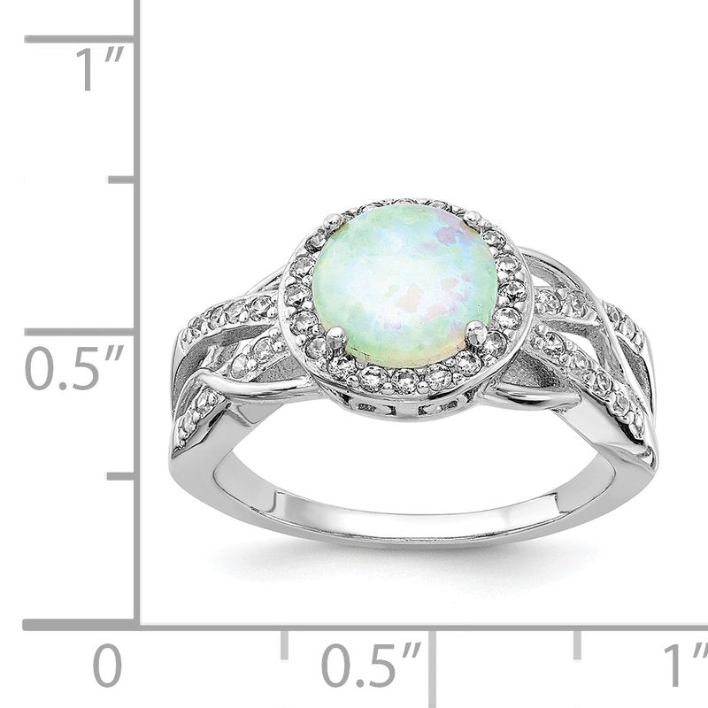Sterling Silver Rhodium-plated Cabochon Lab Created Opal and Brilliant-cut CZ Woven Pattern Ring