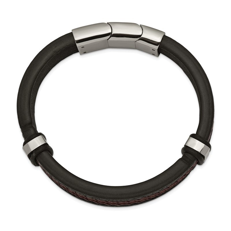 Stainless Steel Polished Black and Brown Braided Leather 8 inch Bracelet with .5 inch Extension