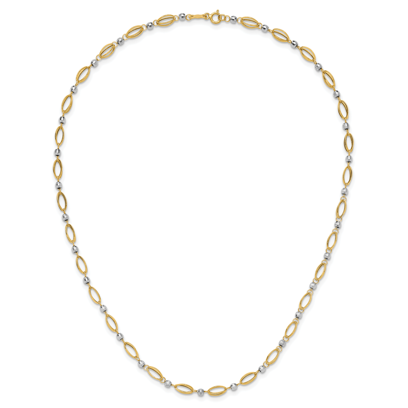 14K Two-Tone Fancy Oval Link and Mirror Bead 18 inch Necklace