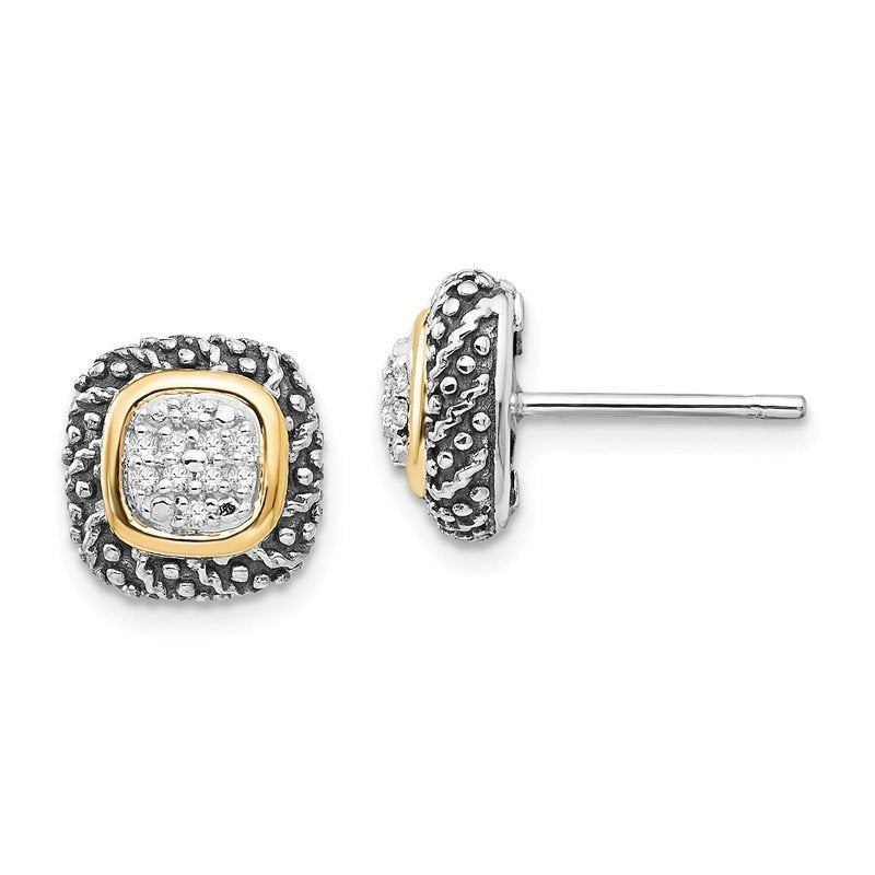 Sterling Silver with 14K Accent Antiqued Diamond Post Earrings