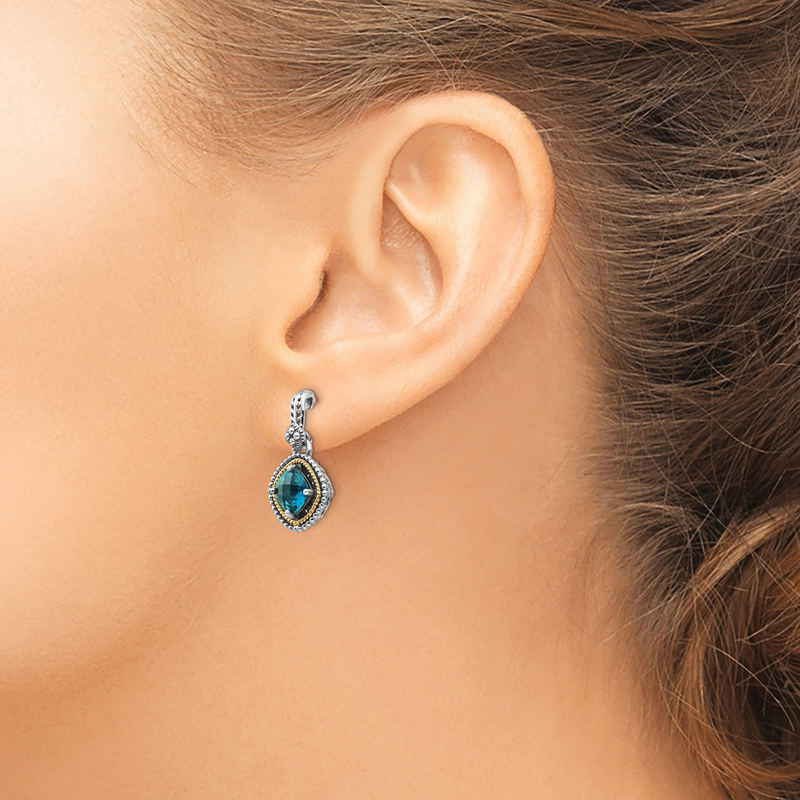 Sterling Silver with 14K Accent Antiqued Cushion London Blue Topaz Post Dangle Earrings