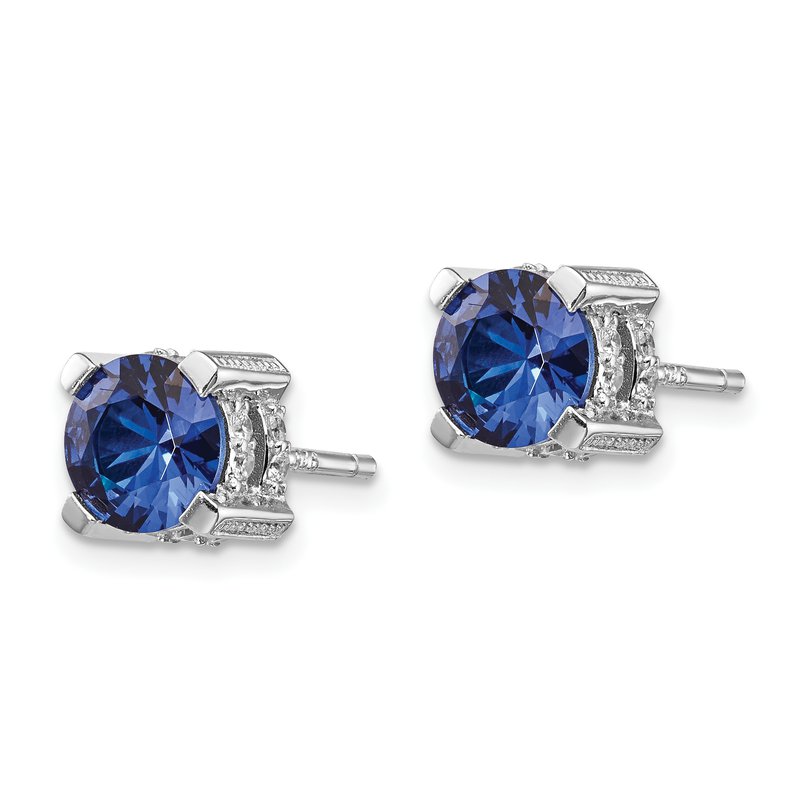 Sterling Silver Rhodium-plated Brilliant-cut Lab Created Dark Blue Spinel and Brilliant-cut White CZ Stud Post Earrings