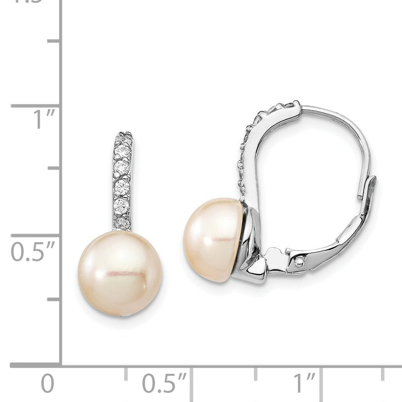 Sterling Silver Rhodium-plated Freshwater Cultured Pearl and Brilliant-cut CZ Leverback Earrings