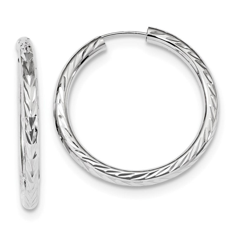 14k White Gold 3.00x30mm Polished Diamond-cut Endless Tube Hoop Earrings
