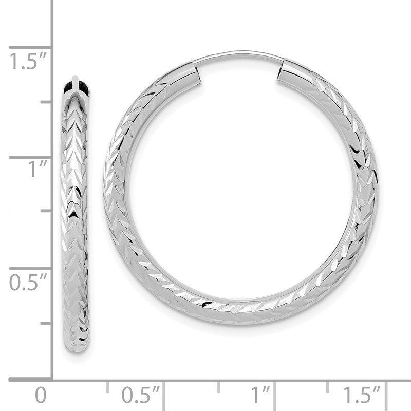 14k White Gold 3.00x30mm Polished Diamond-cut Endless Tube Hoop Earrings