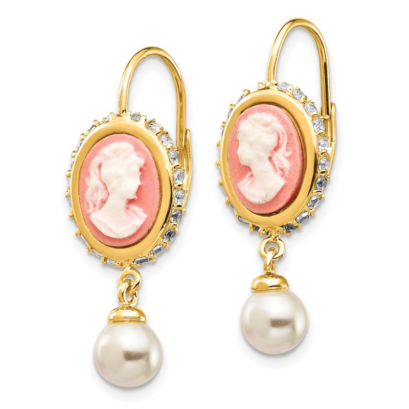 Sterling Silver Gold-plated Glass Pearl Brilliant-cut CZ & Resin Cameo Leverback Dangle Earrings