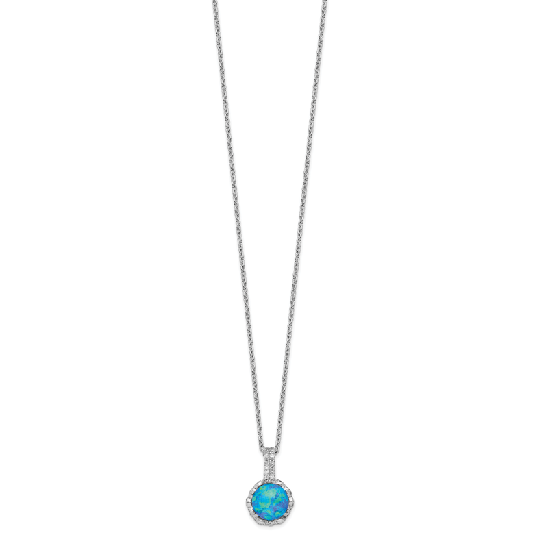 Sterling Silver Rhodium-plated Cabochon Lab Created Blue Opal and Brilliant-cut CZ 18.25 Inch Necklace