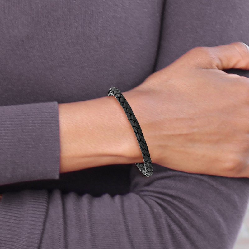 Stainless Steel Polished Black IP-plated Black Braided Leather 9 inch Bracelet