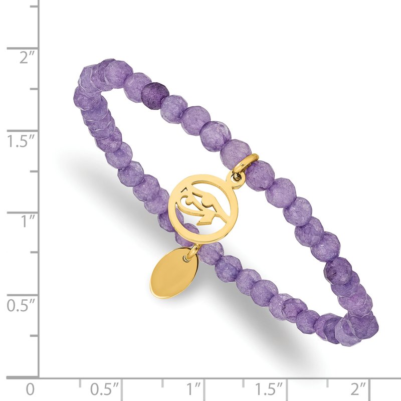 Stainless Steel Polished Yellow IP-plated Eye of Horus 4mm Purple Jade Beaded Stretch Bracelet