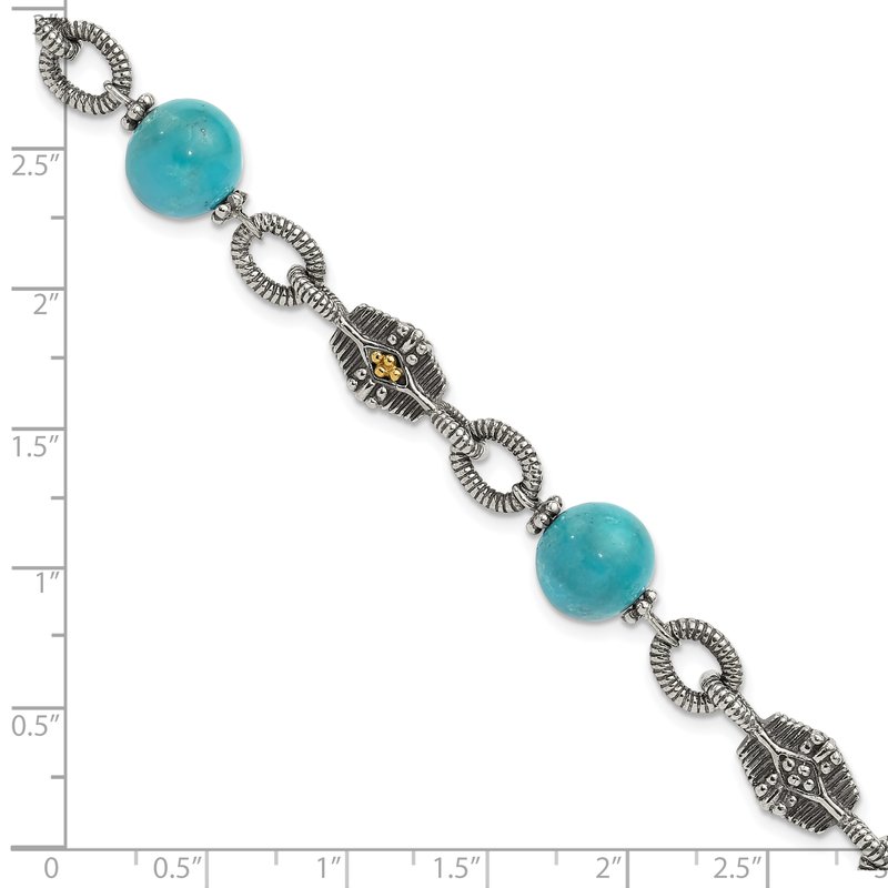 Sterling Silver with 14K Accent 7.25 Inch Antiqued Reconstructed Turquoise Bracelet
