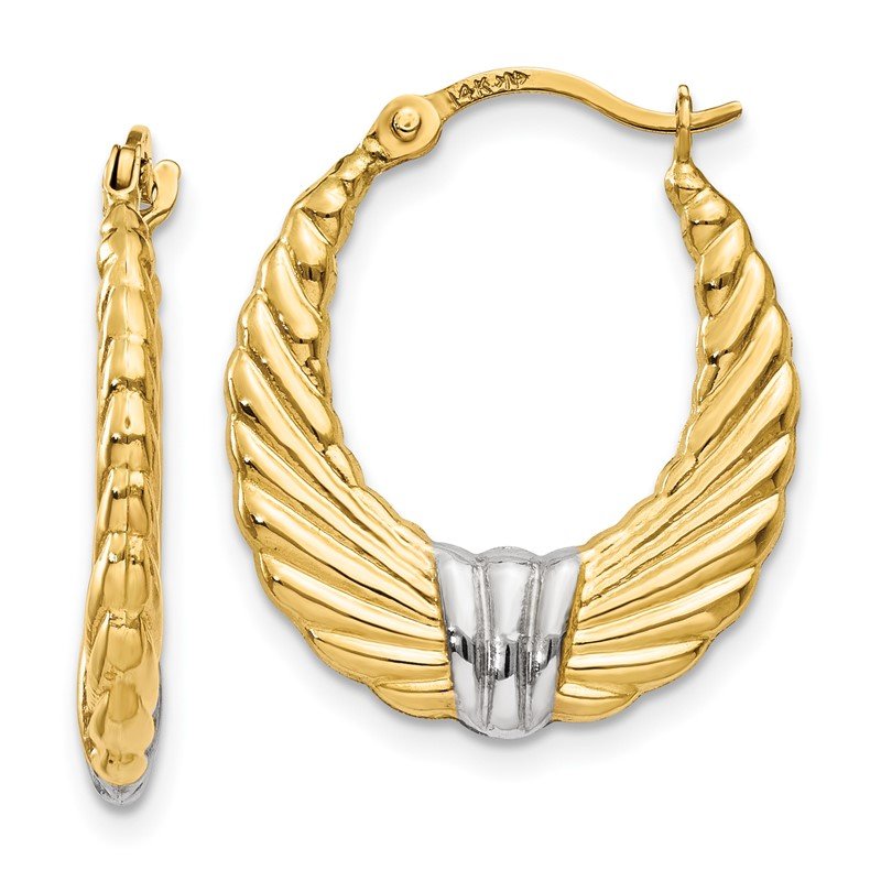 14k &amp; Rhodium Polished and Textured Hoop Earrings