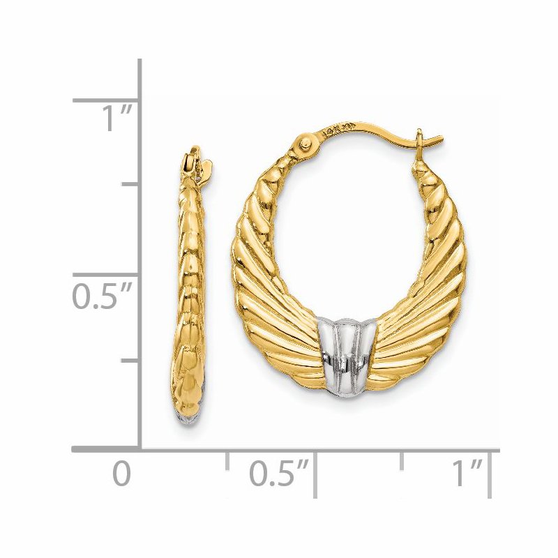 14k & Rhodium Polished and Textured Hoop Earrings