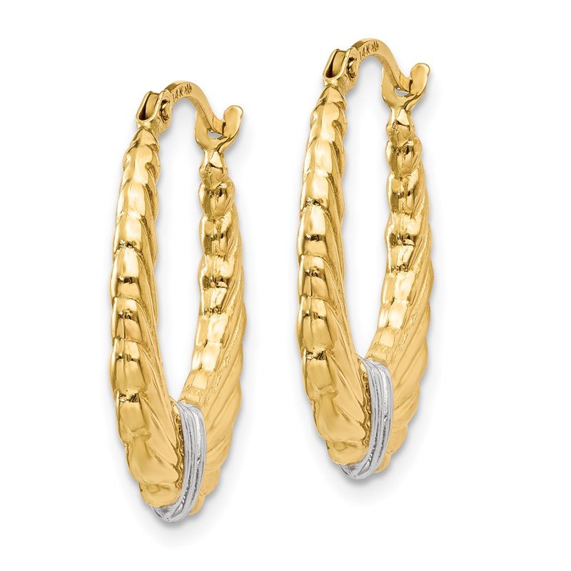 14k &amp; Rhodium Polished and Textured Hoop Earrings