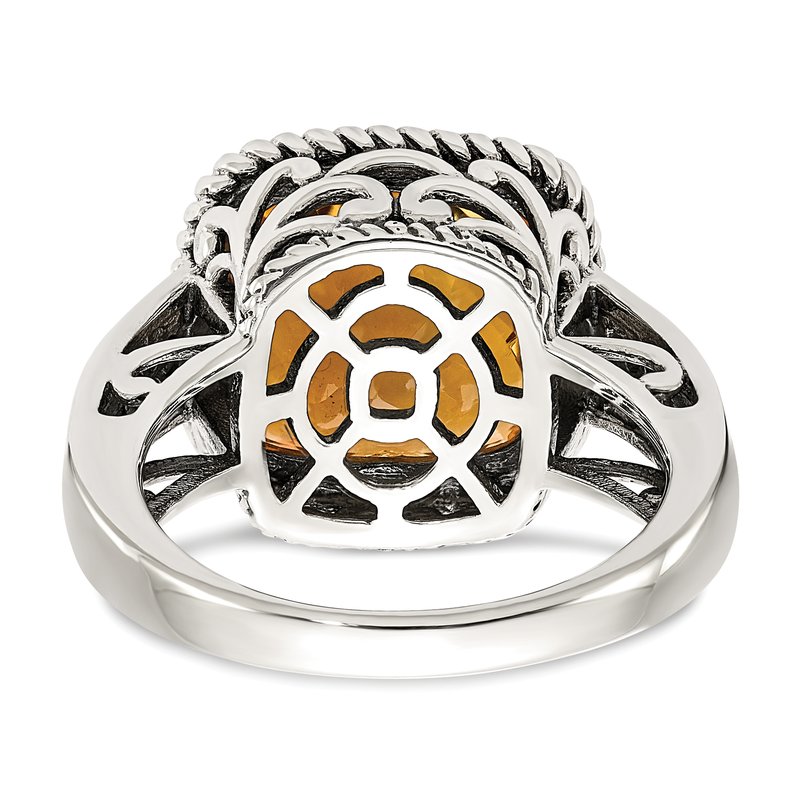 Sterling Silver with 14K Accent Antiqued Cushion Citrine Ring