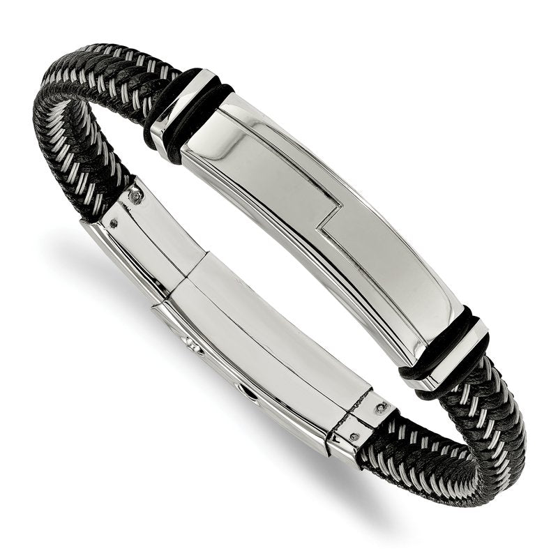 Stainless Steel Polished Braided Wire and Black Leather with Rubber Adjustable 8.25 to 8.75 inch ID Bracelet