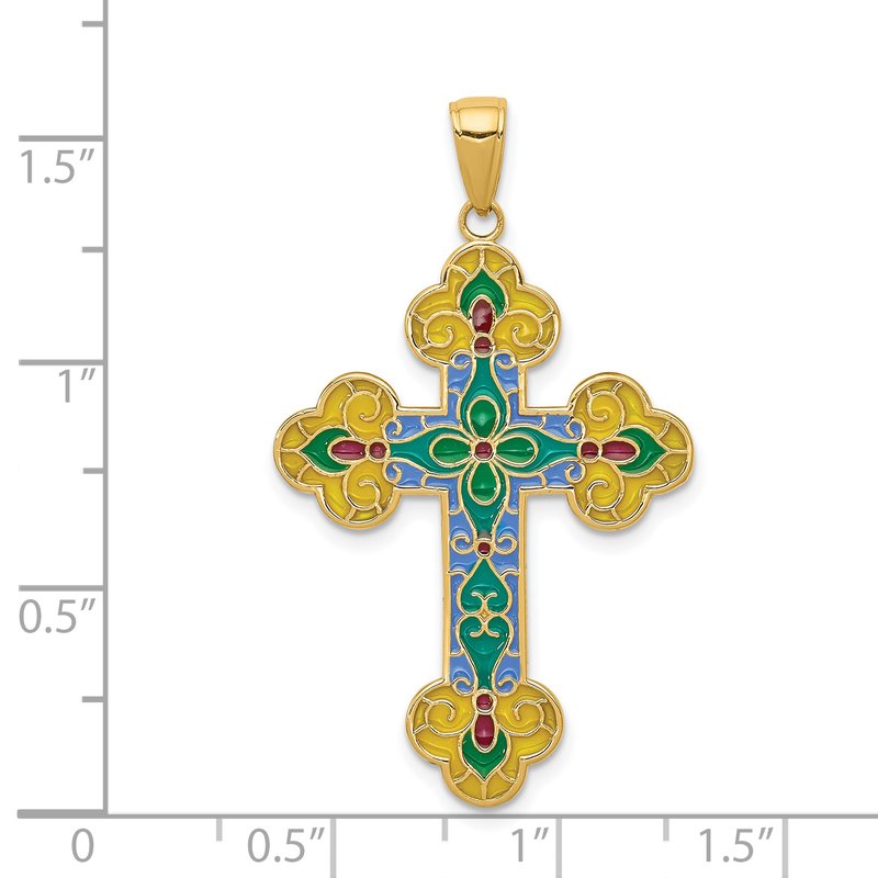 14K Multi-color Acrylic Enameled Flower Center Budded Cross Pendant