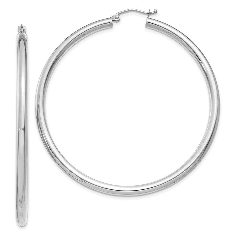 14K White Gold 3x55mm Polished Lightweight Tube Hoop Earrings
