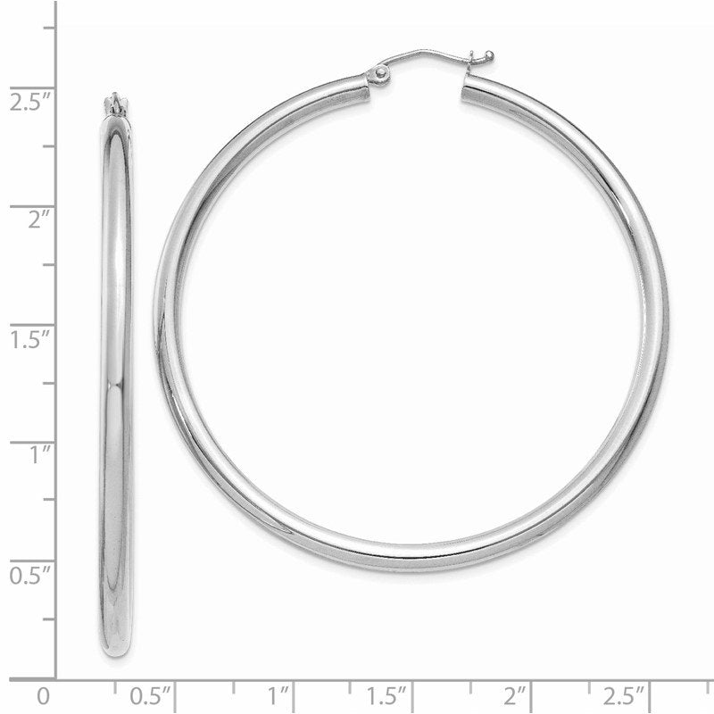 14K White Gold 3x55mm Polished Lightweight Tube Hoop Earrings