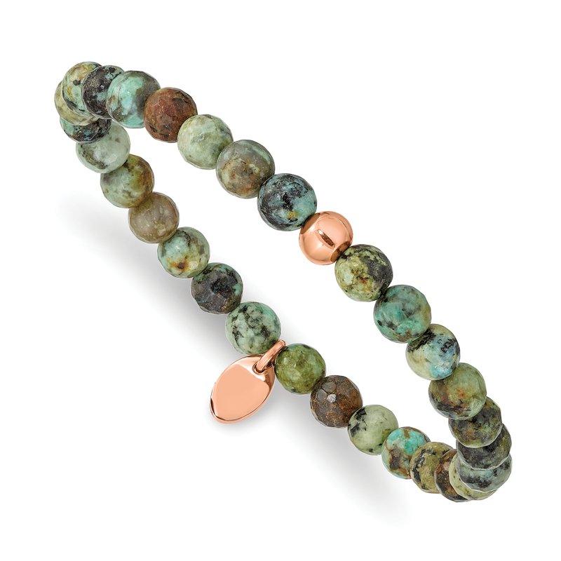 Stainless Steel Polished Rose IP-plated 6mm African Turquoise Beaded Stretch Bracelet
