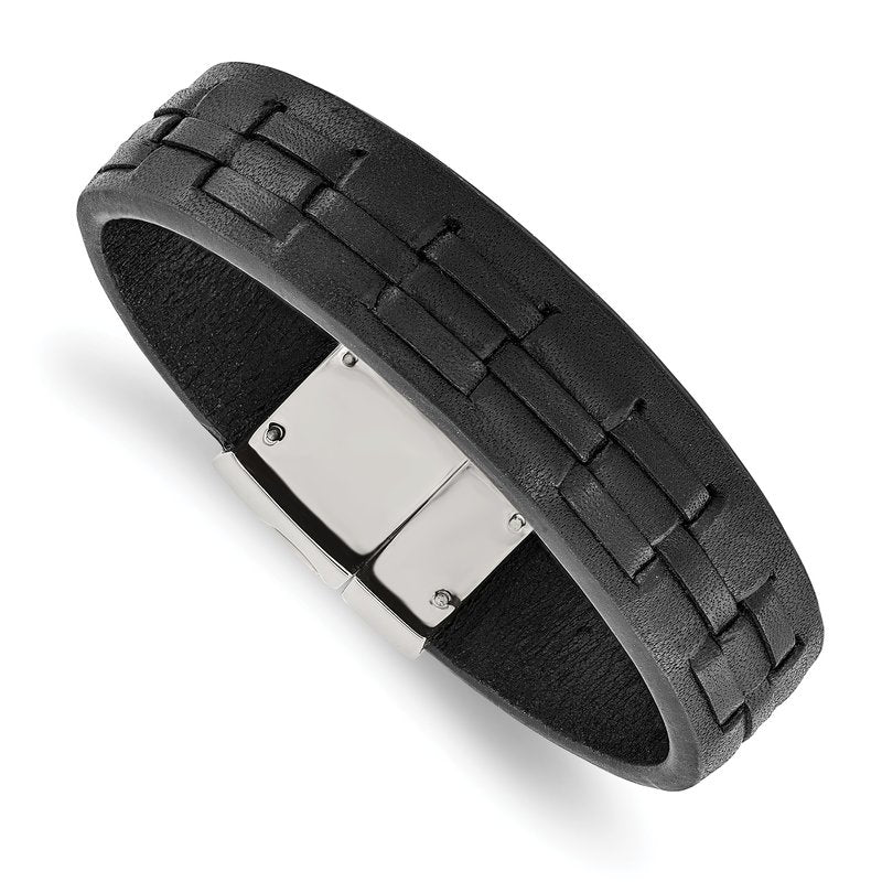 Stainless Steel Polished Black Leather 8 inch Bracelet