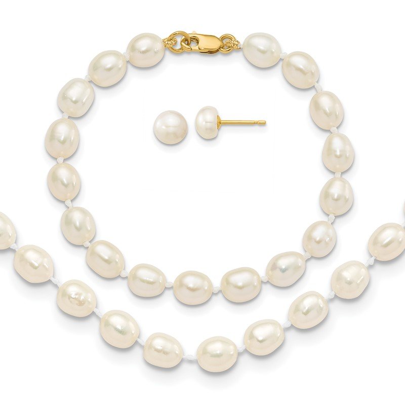 14k 5-6mm White Freshwater Cultured Pearl 5 inch Bracelet, 14 inch Necklace and Post Earrings Set