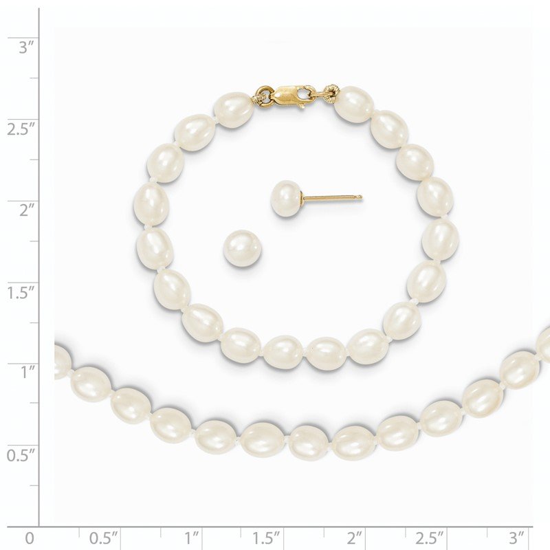 14k 5-6mm White Freshwater Cultured Pearl 5 inch Bracelet, 14 inch Necklace and Post Earrings Set
