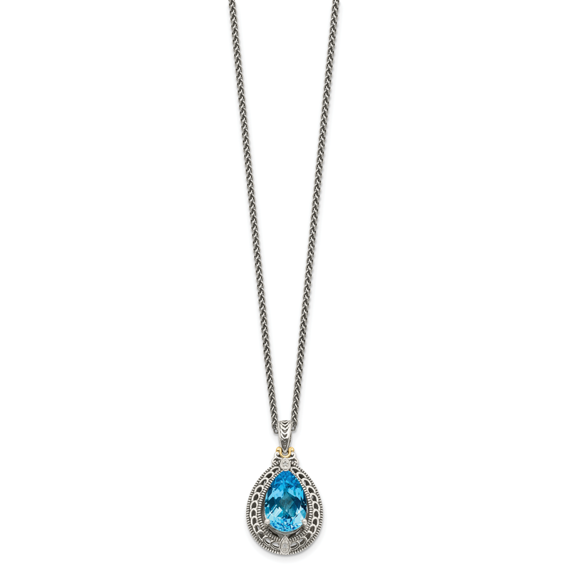 Sterling Silver with 14K Accent 18 Inch Antiqued Diamond and Pear Shaped Blue Topaz Necklace