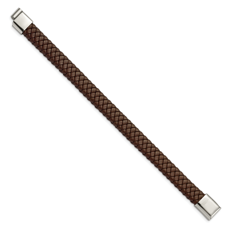 Stainless Steel Polished Brown Braided Leather 8.5 inch Bracelet