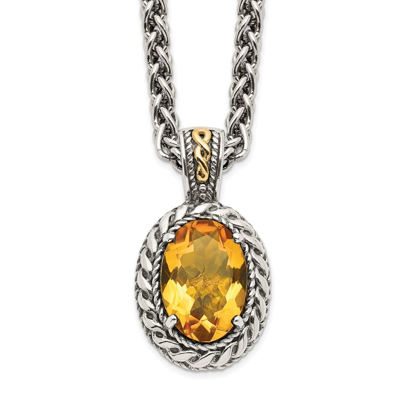 Sterling Silver with 14K Accent 18 Inch Antiqued Oval Citrine Necklace