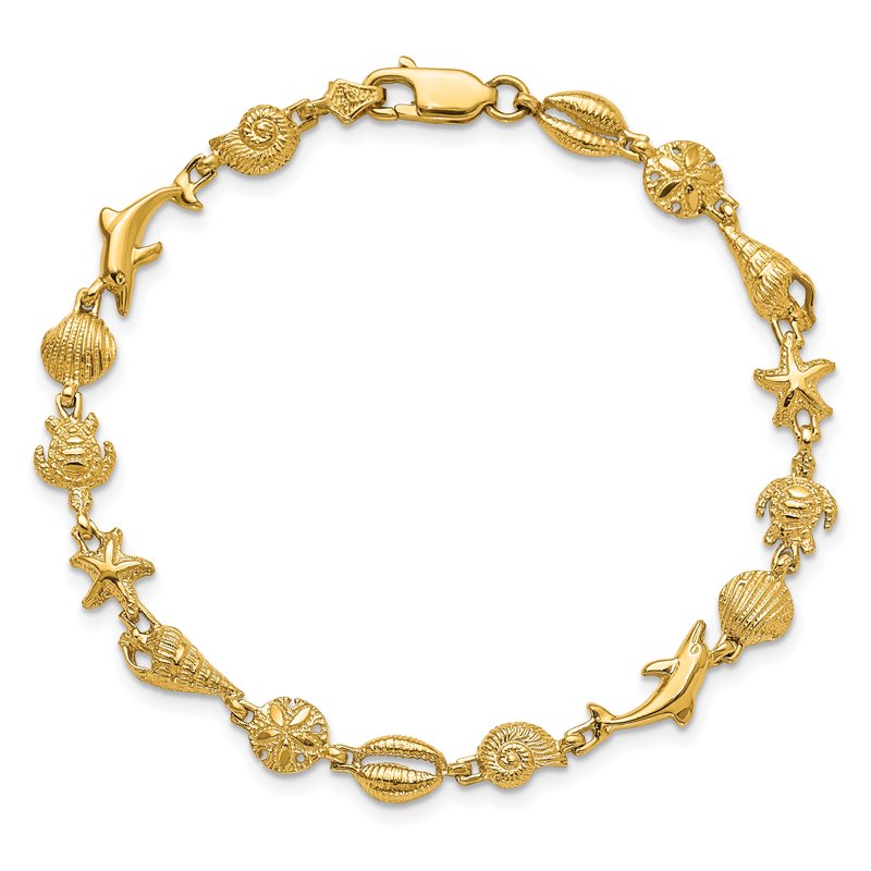 14K Polished and Textured Sea Life 7.25 inch Bracelet