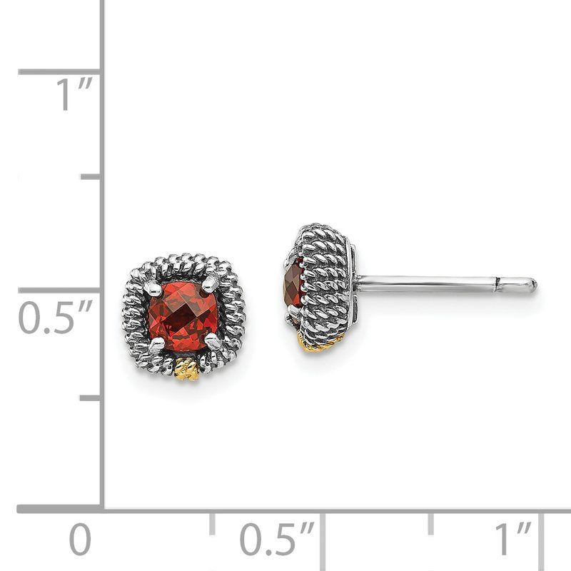 Sterling Silver with 14K Accent Antiqued Square Cushion Garnet Post Earrings