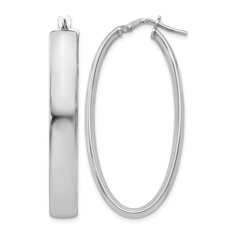 Sterling Silver RH-plated Polished Oval Hinged Hoop Earrings