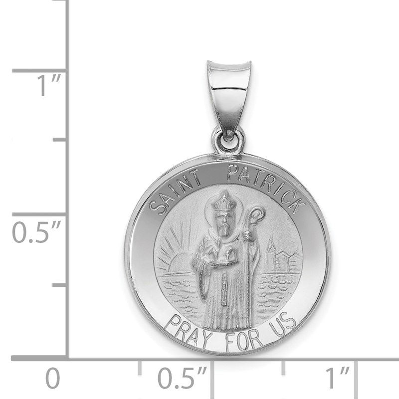 14k White Gold Polished and Satin Hollow St Patrick Medal Round Pendant