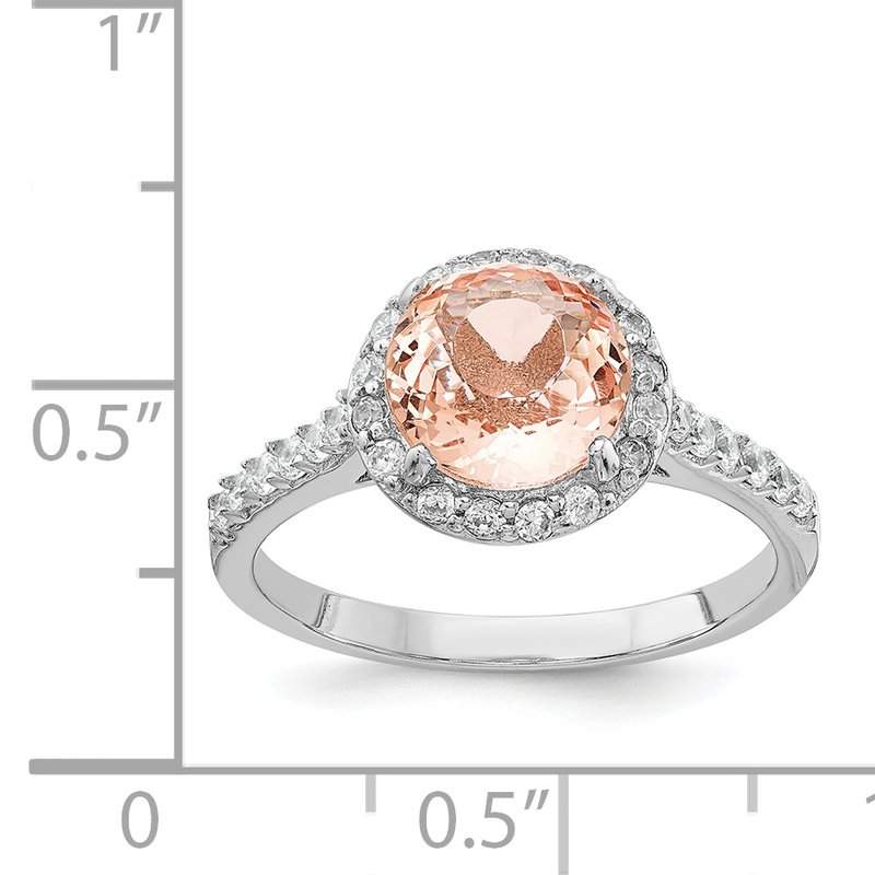 Sterling Silver Rhodium-plated 100 Facet Simulated Morganite and White Brilliant-cut CZ Halo Ring