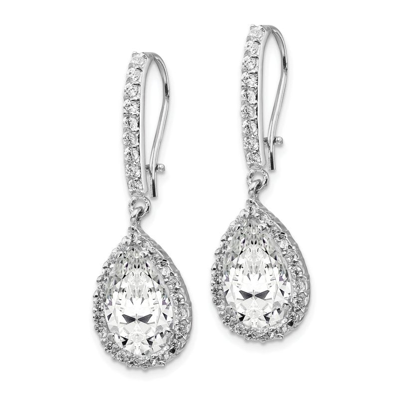 Sterling Silver Rhodium-plated Checkerboard-cut Pear Shaped and Brilliant-cut CZ Halo Kidney Wire Dangle Earrings