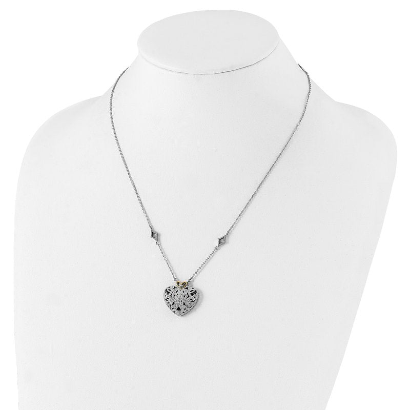 Sterling Silver Rhodium-plated with 14K Accent 18 Inch Diamond Vintage Heart Necklace