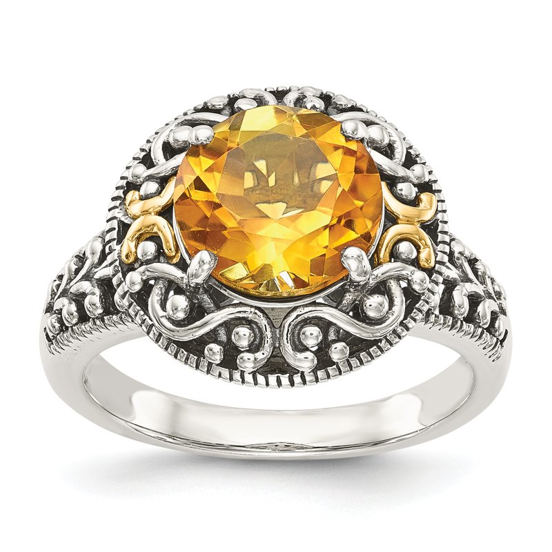 Sterling Silver with 14K Accent Antiqued Round Citrine Ring