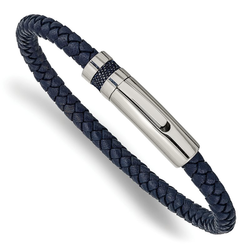 Stainless Steel Polished Blue Braided Leather 8.25 inch Bracelet