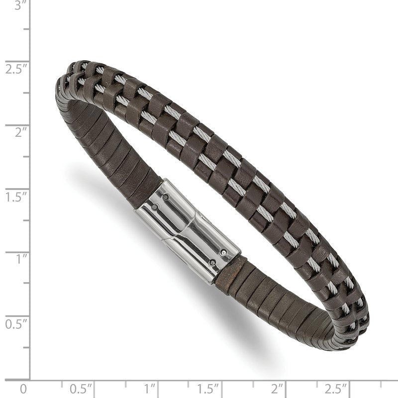 Stainless Steel Polished Cable and Brown Leather 8.75 inch Bracelet