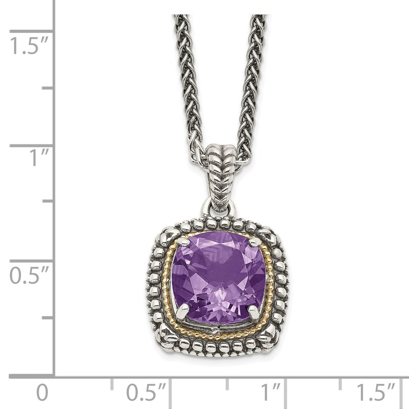 Sterling Silver with 14K Accent 18 Inch Antiqued Cushion Amethyst Necklace