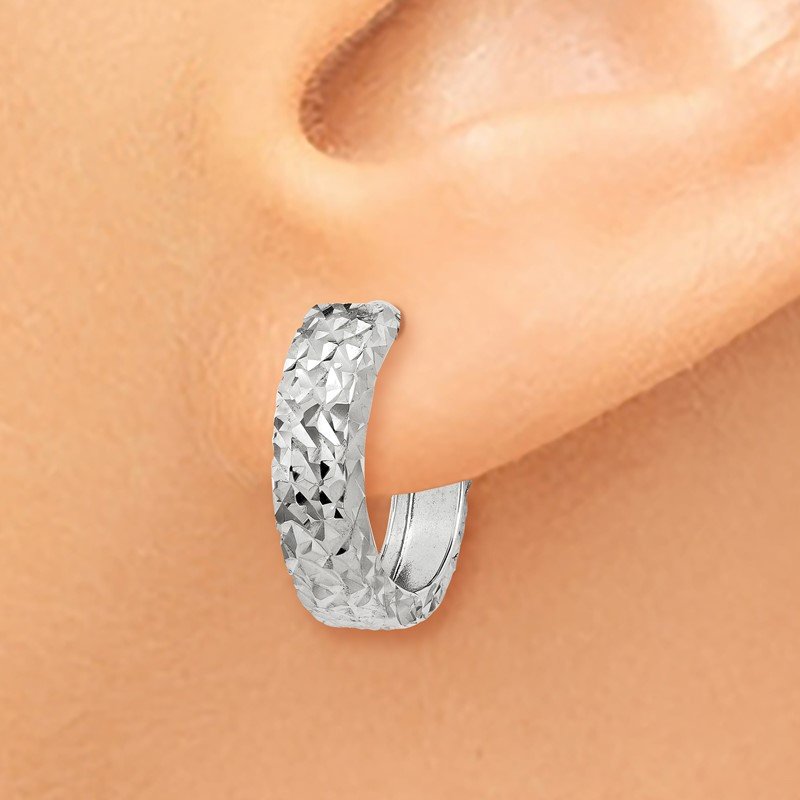 14k White Gold Diamond-cut Hinged Hoop Earrings