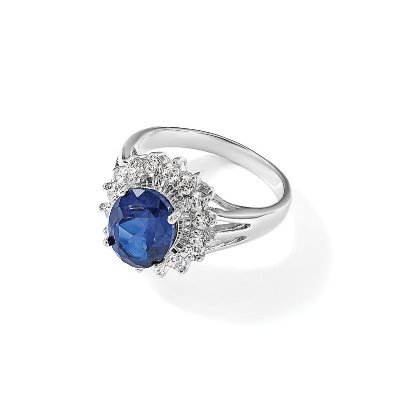 Sterling Silver Rhodium-plated Brilliant-cut Lab Created Dark Blue Spinel and Brilliant-cut White CZ Oval Halo Ring