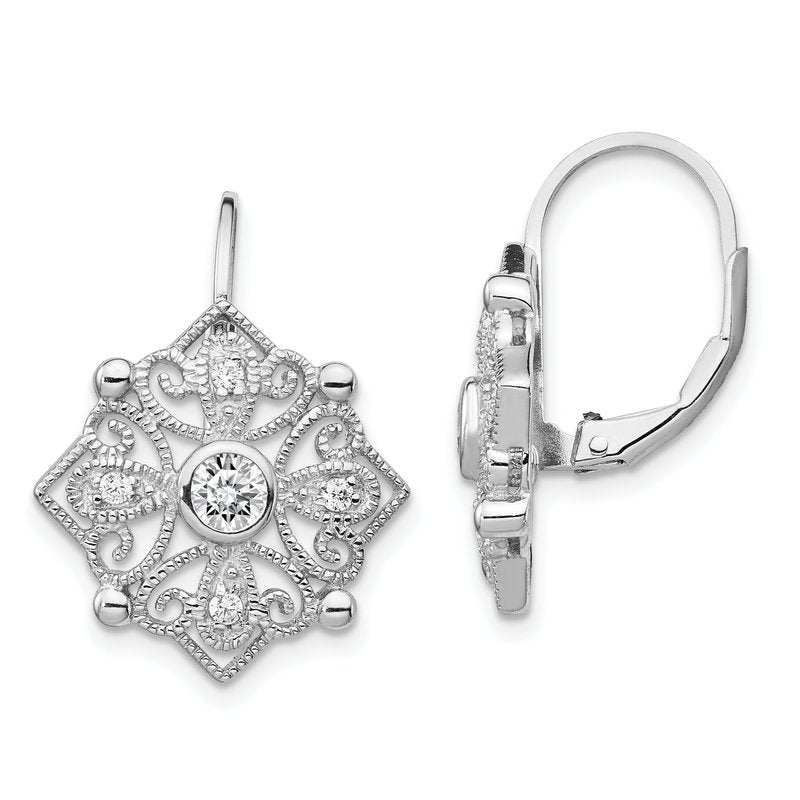 Sterling Silver Rhodium-plated Fancy Brilliant-cut CZ Leverback Earrings