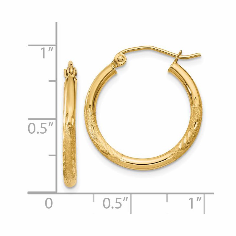 14k Satin and Diamond-cut 2mm Round Tube Hoop Earrings