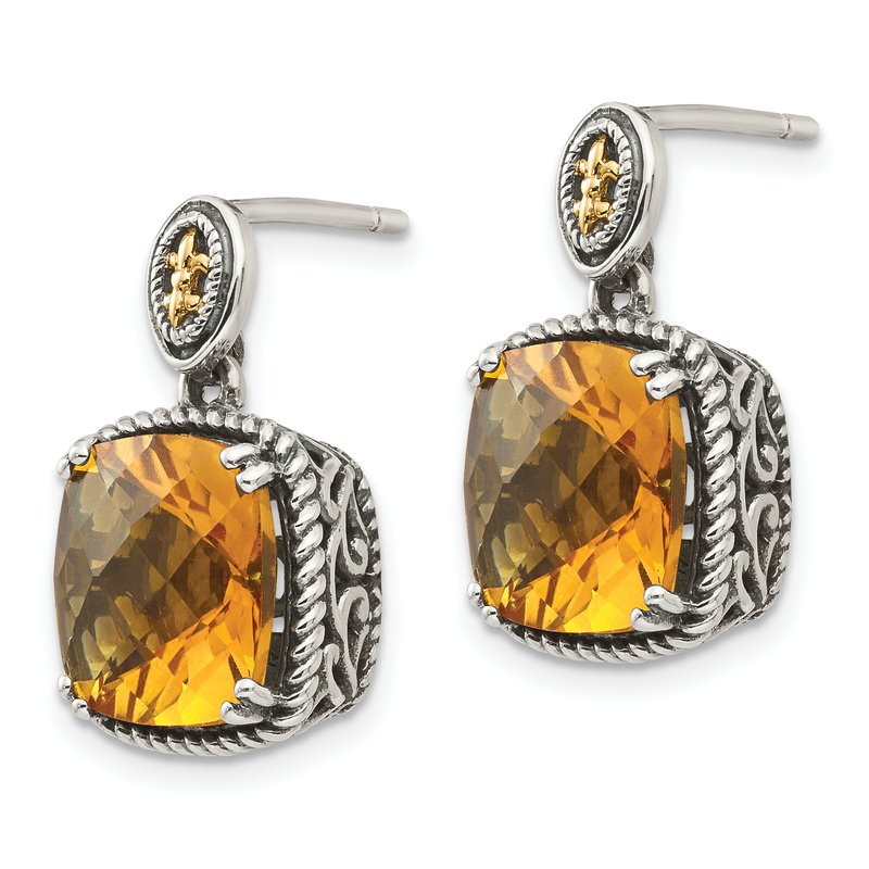 Sterling Silver with 14K Accent Antiqued Cushion Citrine Dangle Post Earrings